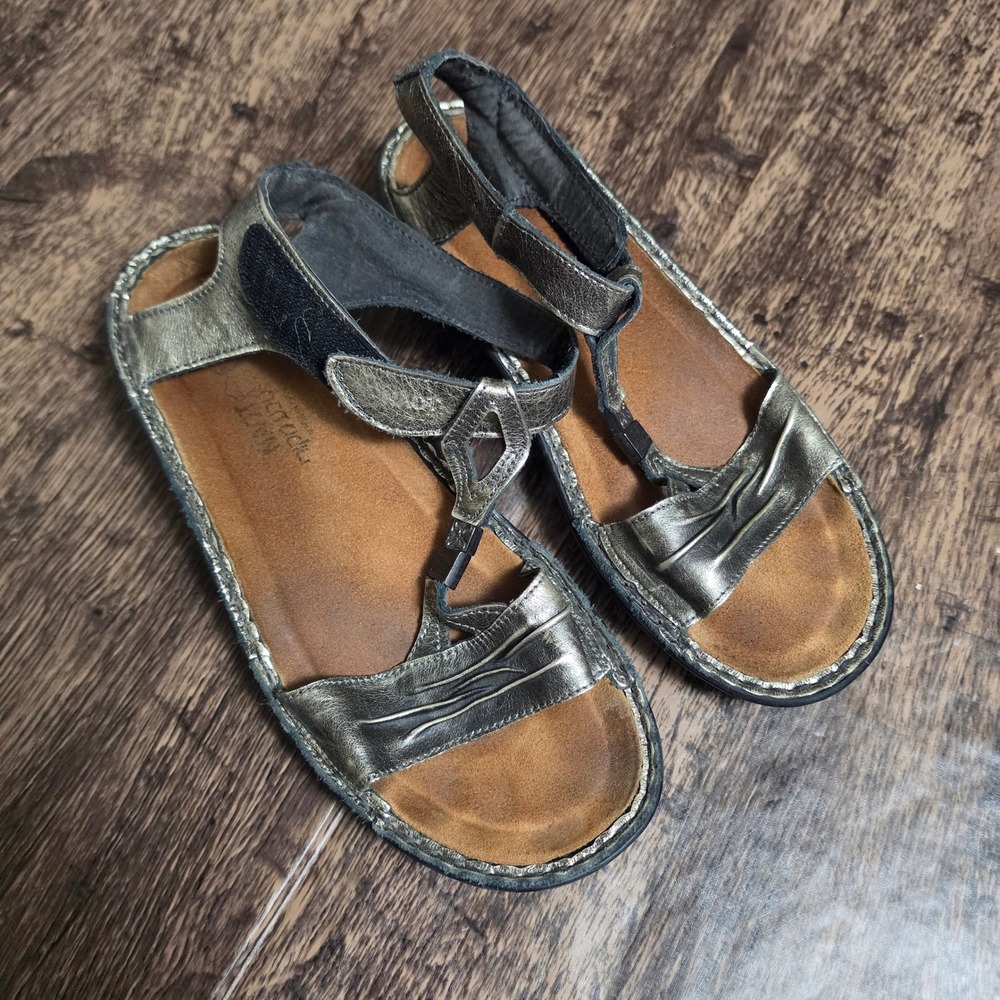 NAOT Kayla Sandals Womens 39 Gold Metallic Leather Wedge T-Strap Comfort Shoes